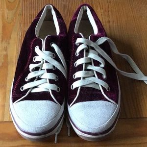 Red velvet sneakers, size 8